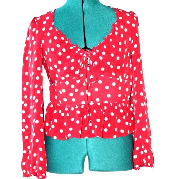 Intermix Red White Polka Dot Peplum Blouse Long Sleeve Coquette Women’s Size 4 - Picture 2 of 4